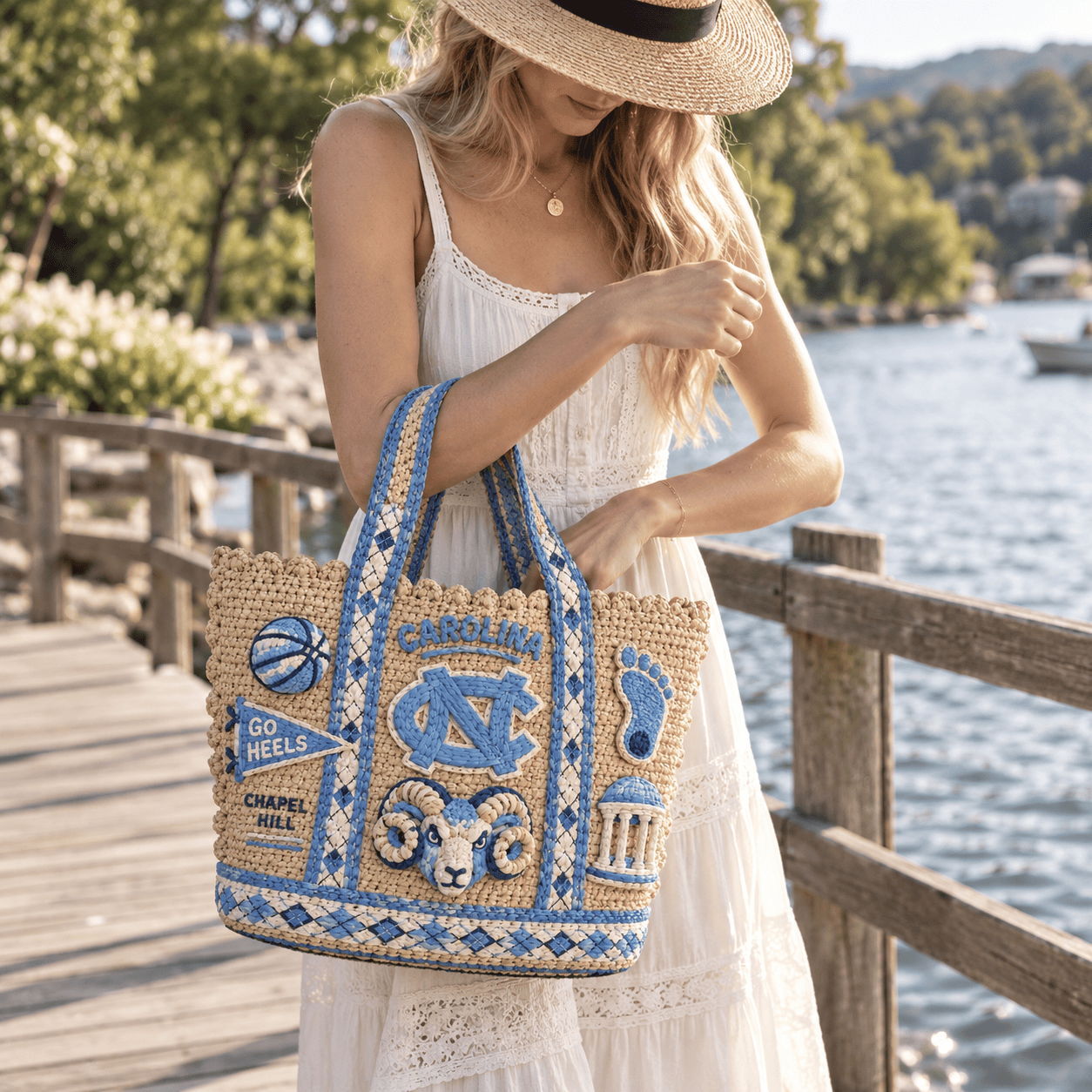 UNC Straw-Style Embellished Tote Bag HTTT
